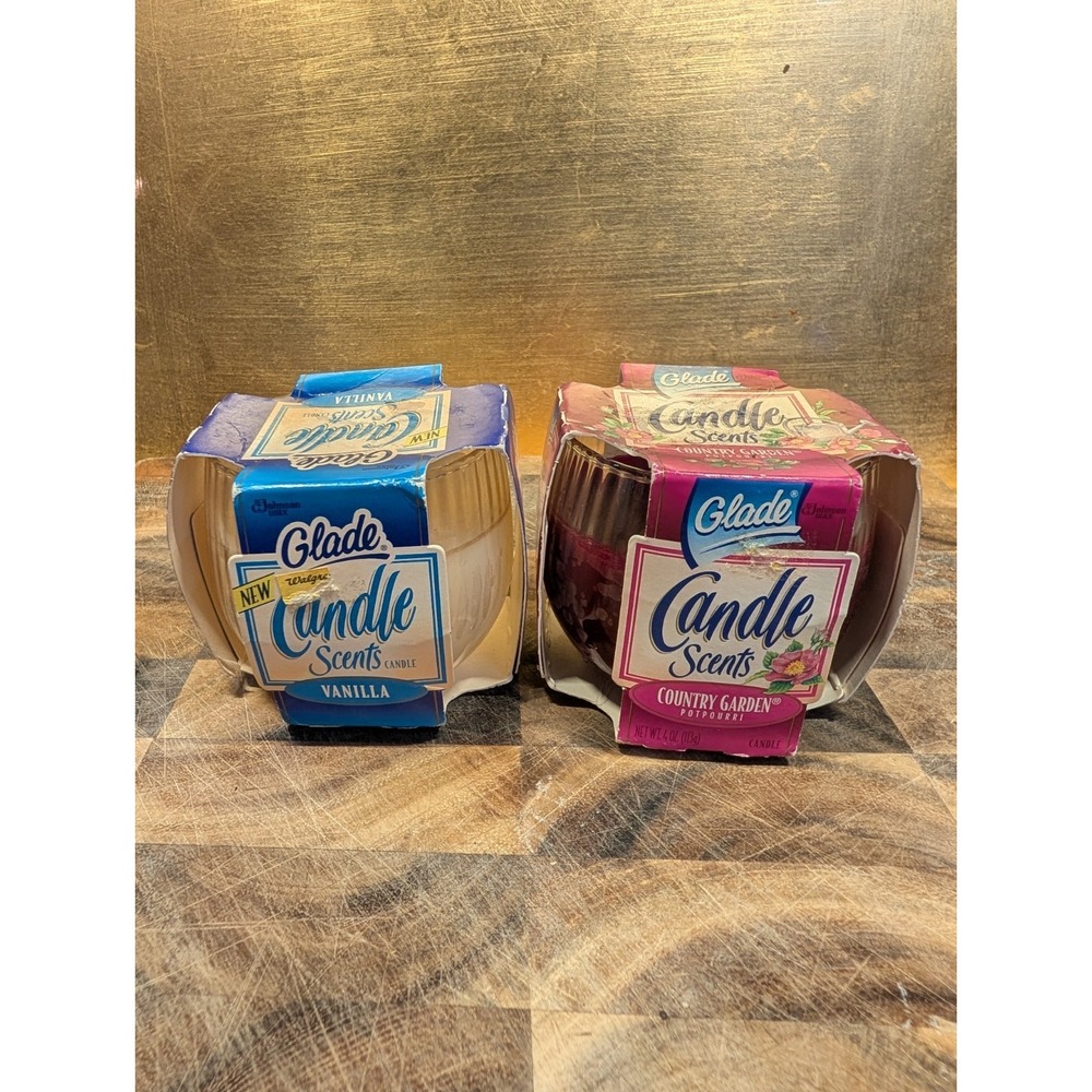Set 2 Glade Candle Scents Country Garden & Vanilla Glass Votive 4 oz c. 1995 VTG